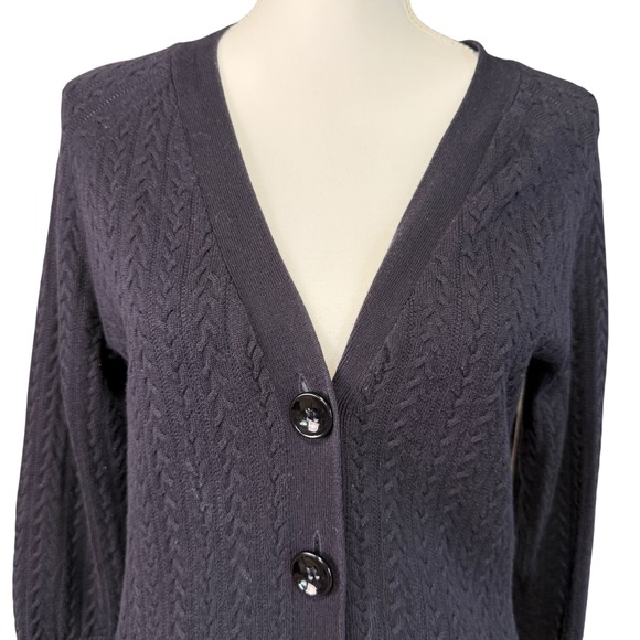 Talbots Navy Blue Pima Cotton Cable Knit Button Front Cardigan Sweater Women S - Picture 4 of 7